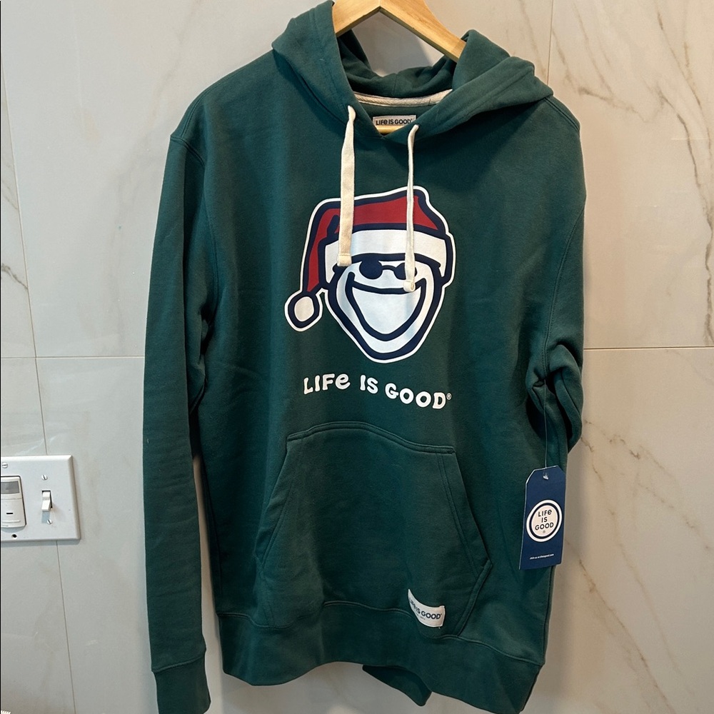 Life Is Good Teal Hoodie with Santa Smiley